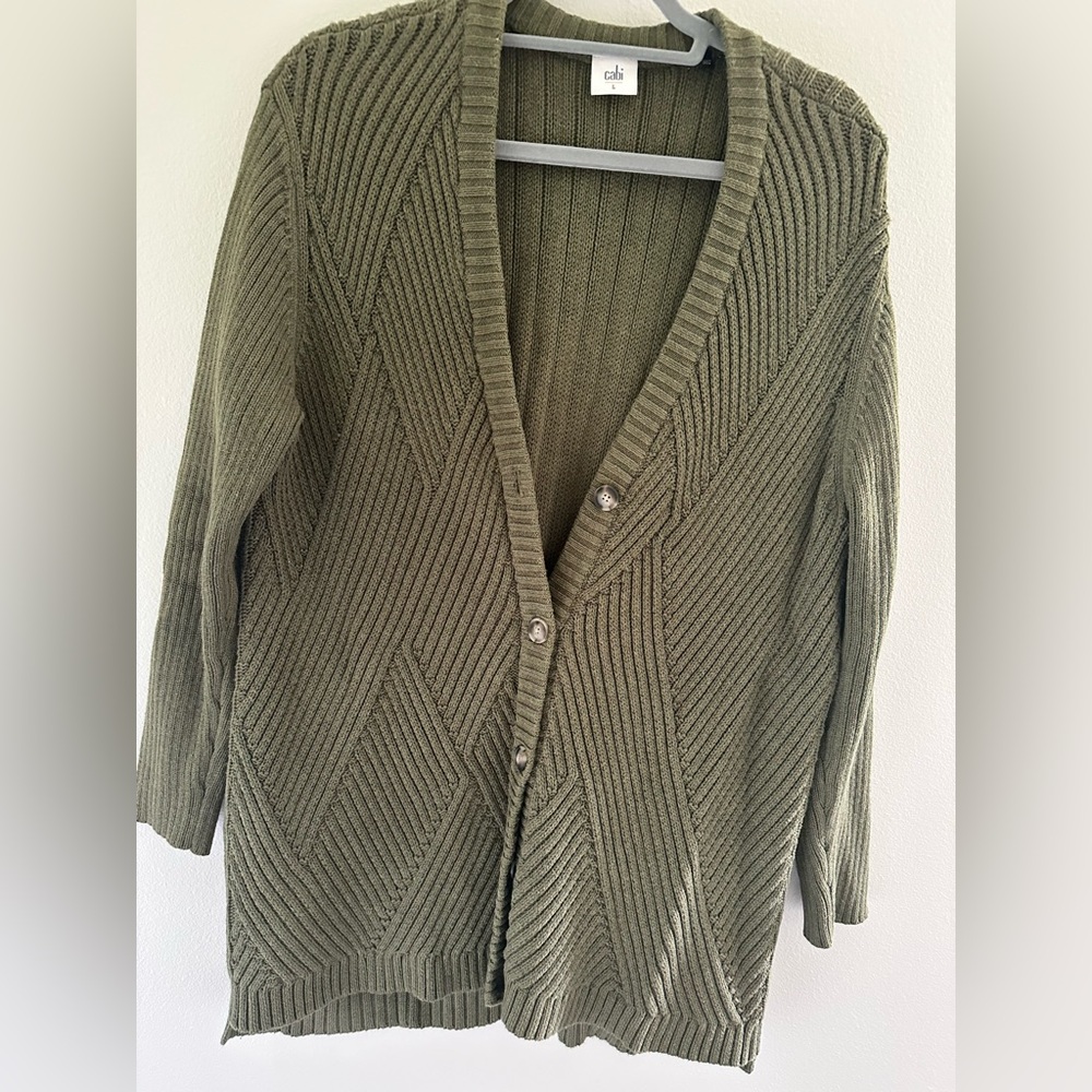 CAbi Green Cardigan Sweater Chunky Knit V-Neck